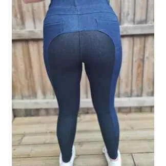 Freedom Denim Phone Pocket Riding Leggings No Silicone Grip - Dark Blue/Black Seat