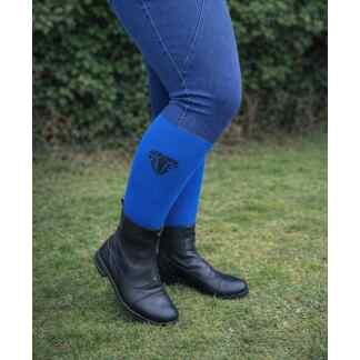 Freedom wide calf riding socks in royal and black, worn under paddock boots, stretch fit for comfort
