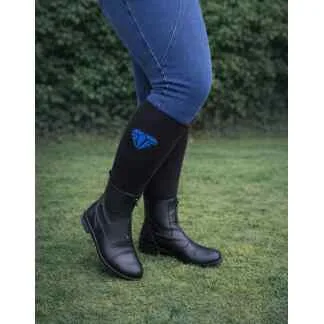 Freedom wide calf riding socks in black and royal, worn under paddock boots, stretch fit for comfort