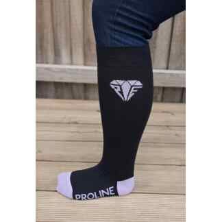 Freedom wide calf riding socks in black and lilac, showing stretch fit and logo detail on the lower leg