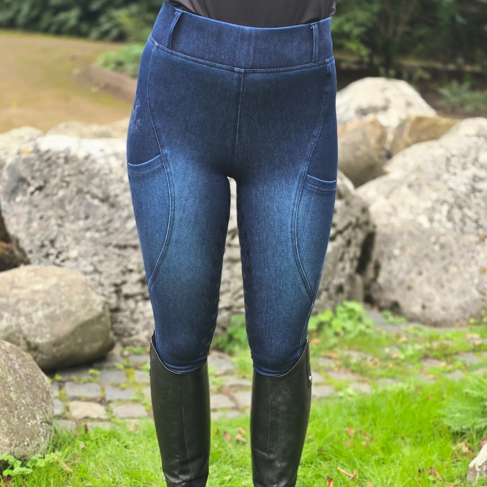 Proline Equine Freedom Denim Riding Leggings Dark Indigo Blue Full Seat Front View