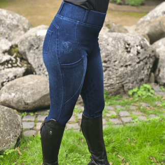 Proline Equine Freedom Denim Riding Leggings Dark Indigo Blue Knee Grip Side View