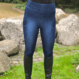Proline Equine Freedom Denim Riding Leggings Dark Indigo Blue No Silicone Front View