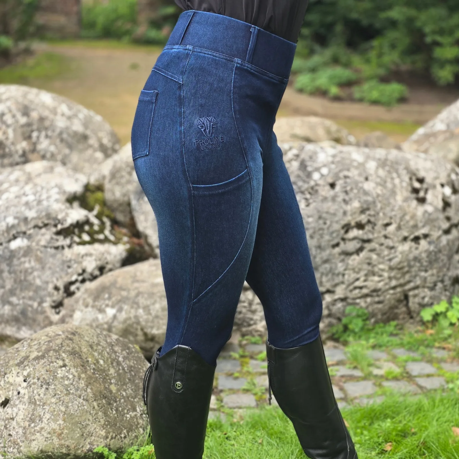 Proline Equine Freedom Denim Riding Leggings Dark Indigo Blue No Silicone Side View