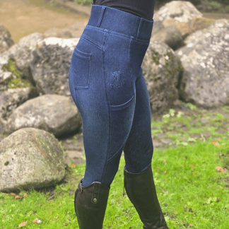 Proline Equine Freedom Denim Riding Leggings Dark Indigo Blue Knee Grip Side View